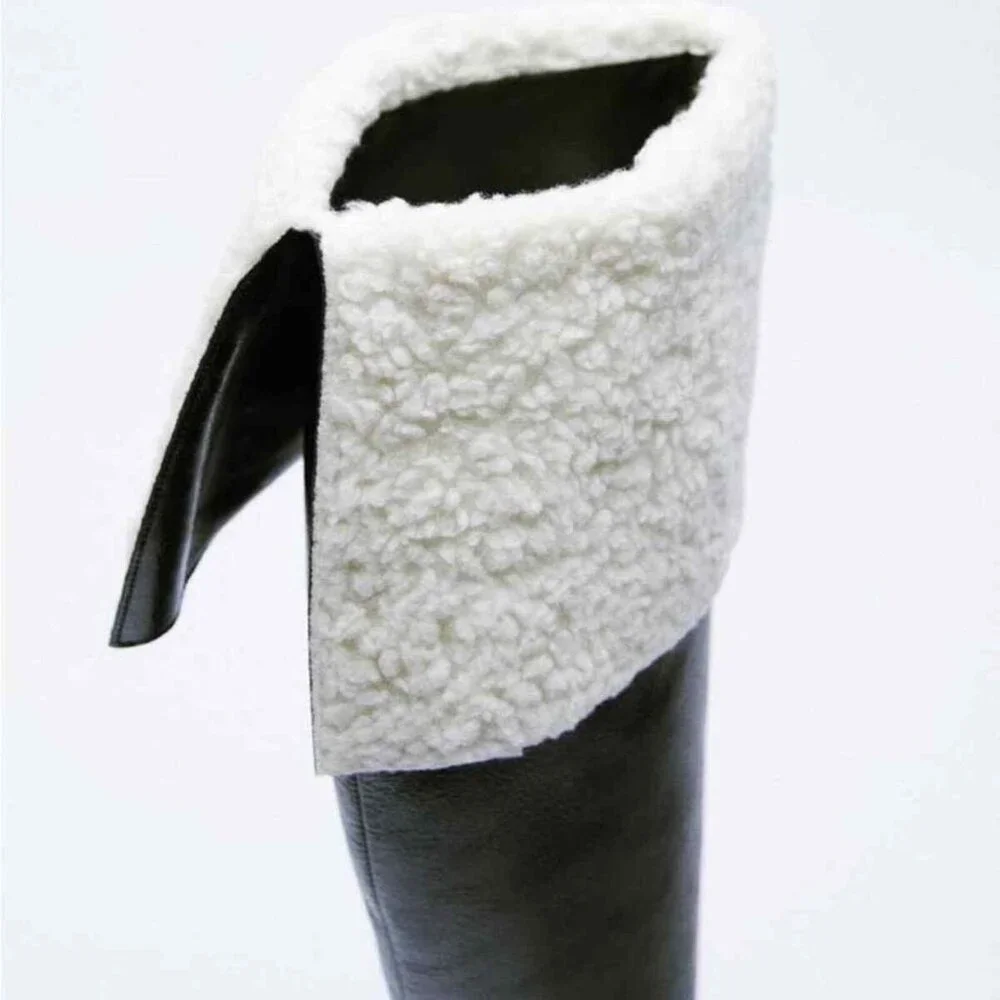 Zara Over The Knee Leather Boots with Faux Shearling Lining